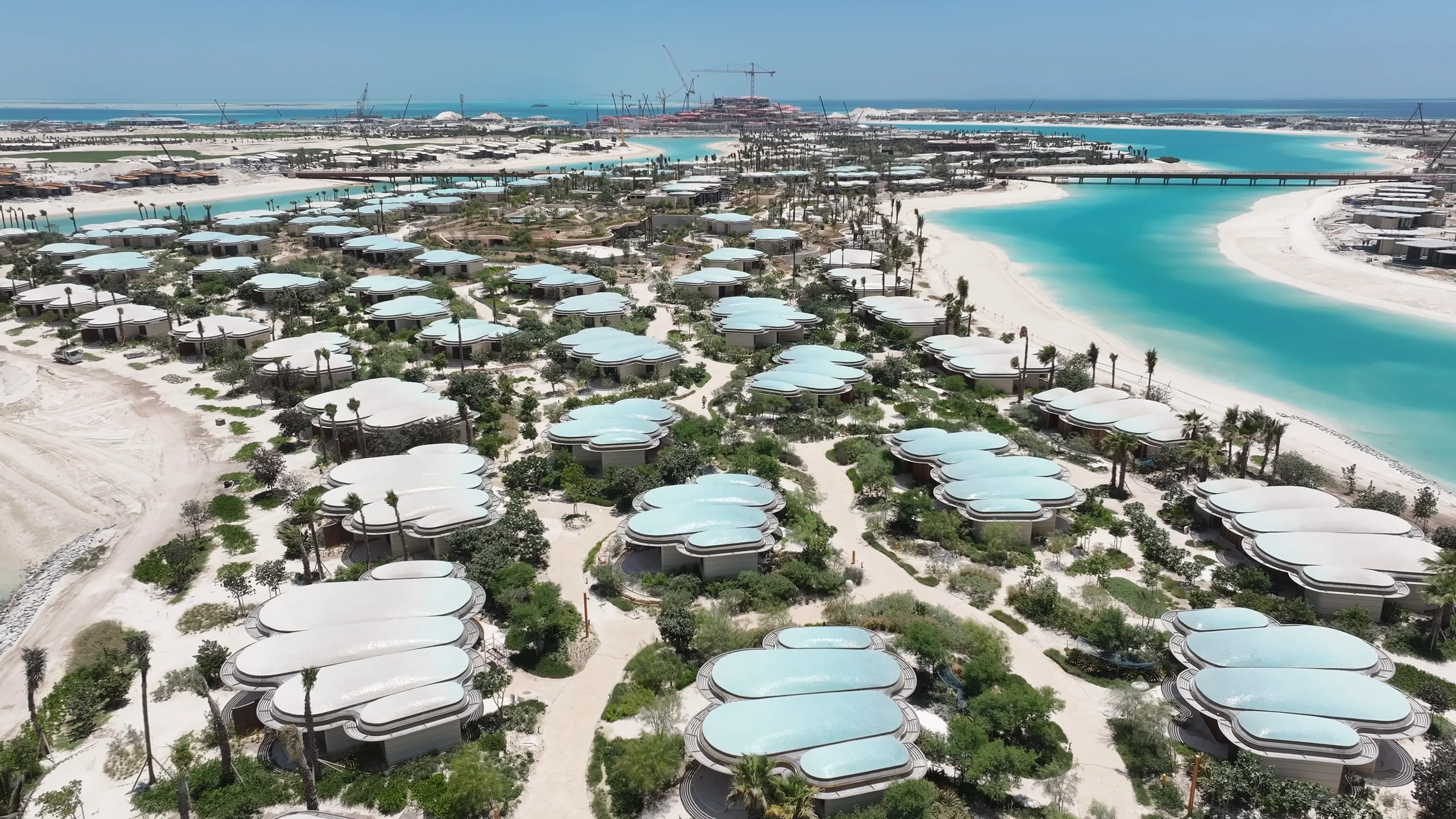 Shura Island, The Red Sea: dome-roofed villas, planting and lagoons seen from the air