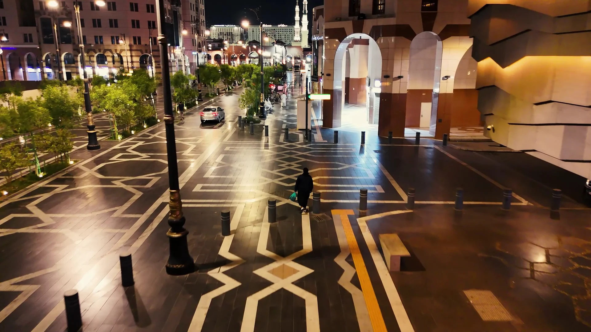 Madinah Central Area at night, the finished street in the foreground and the Prophet's Mosque beyond